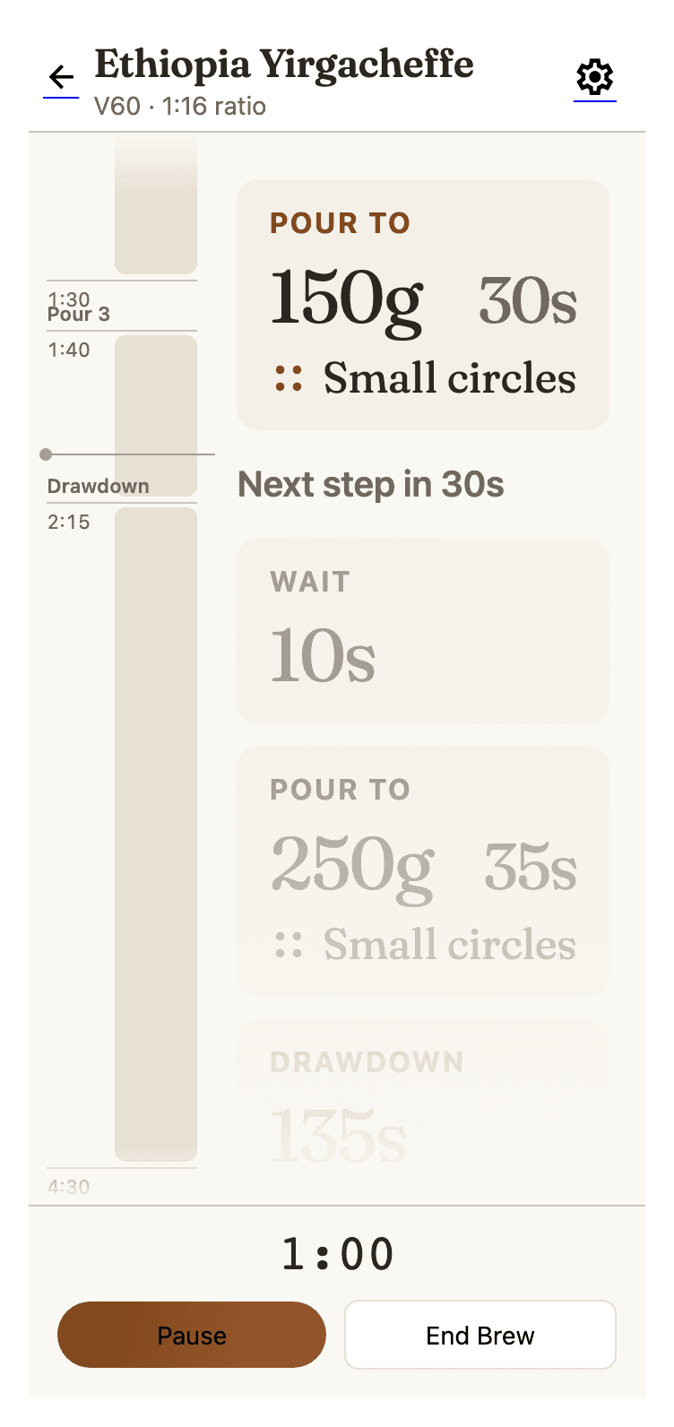 Step-by-step brew timer with circular progress and pour plan in the Better Brew app